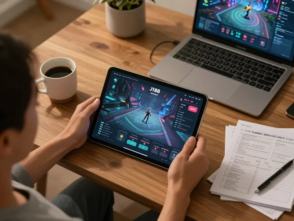 A player engaging in online gaming with J188 đăng nhập interface on a tablet in a cozy home setting.