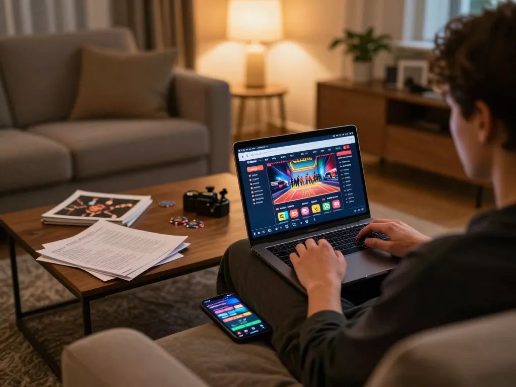 Engaged player strategizing with BL555.COM while enjoying online casino games on a laptop in a cozy home.