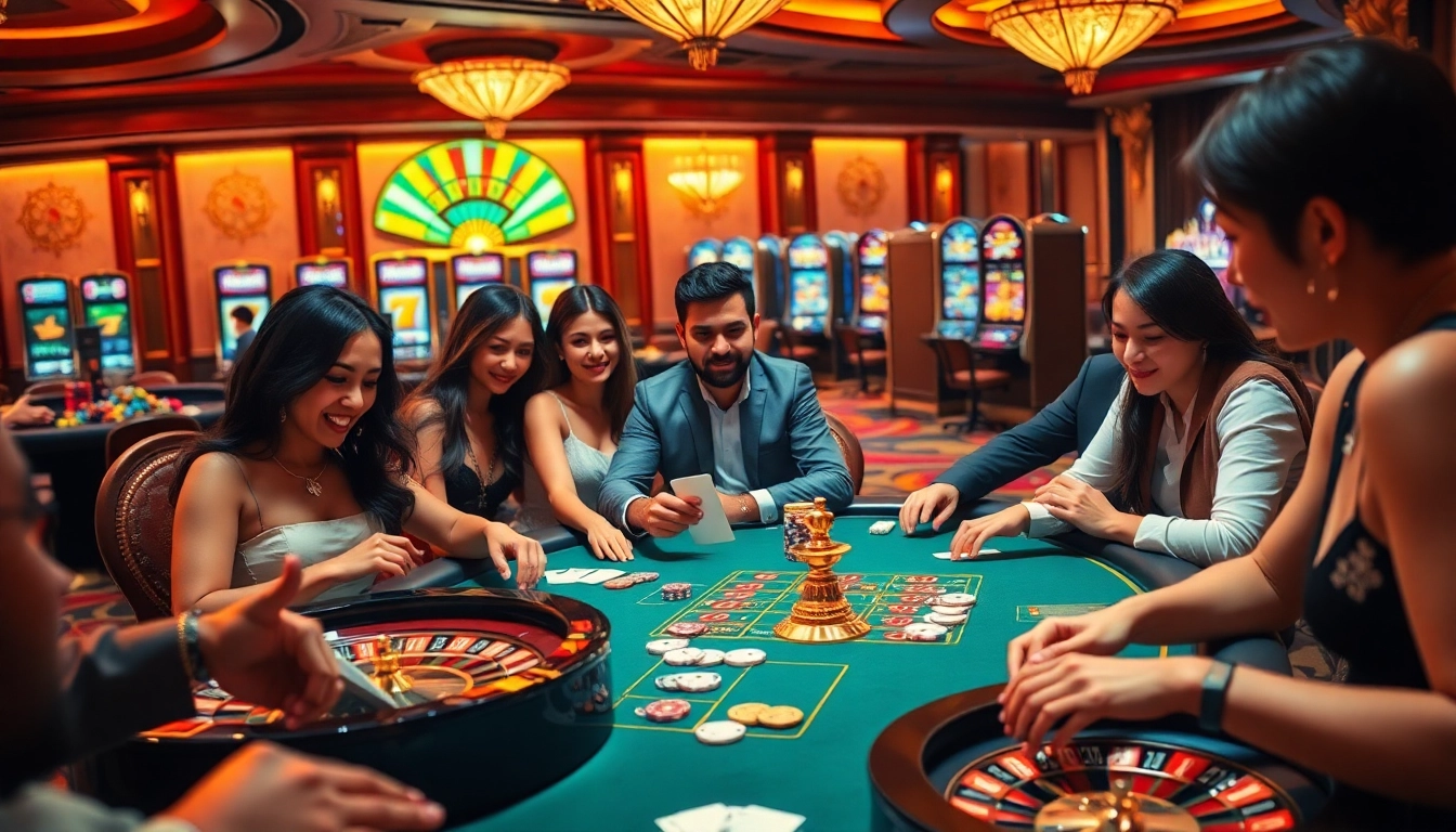 Players enjoying a thrilling game at 6FF casino tables with vibrant colors and elegant decor.