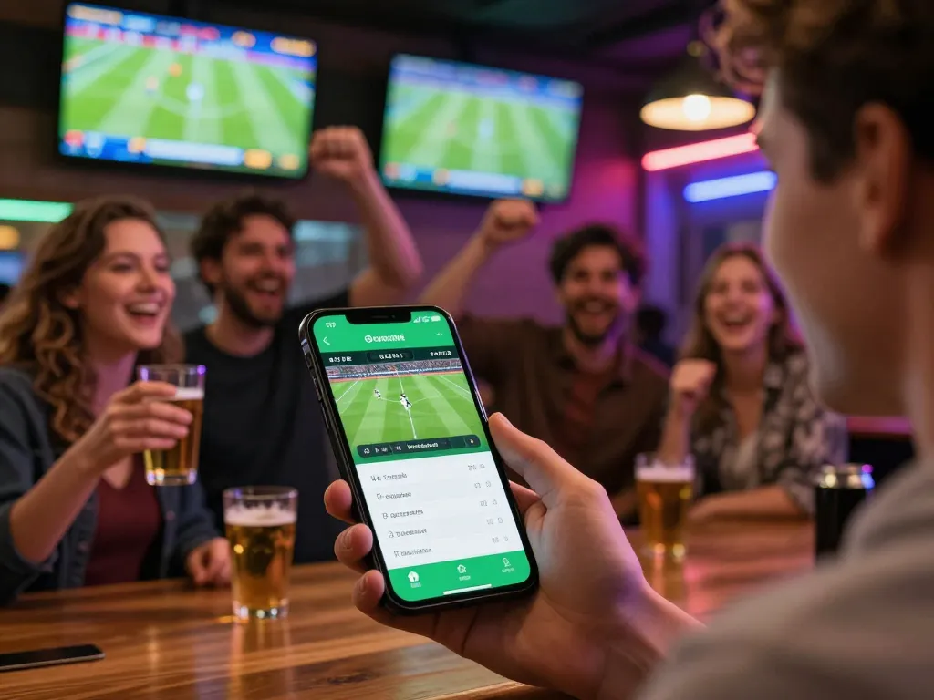 Engaging scene of sports betting as people place bets using mobile apps while watching live matches, showcasing soi keo truc tuyen excitement.
