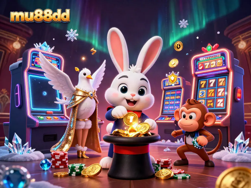 Experience excitement at mu88dd with 3D magician rabbit antics amidst colorful slot machines and golden coins