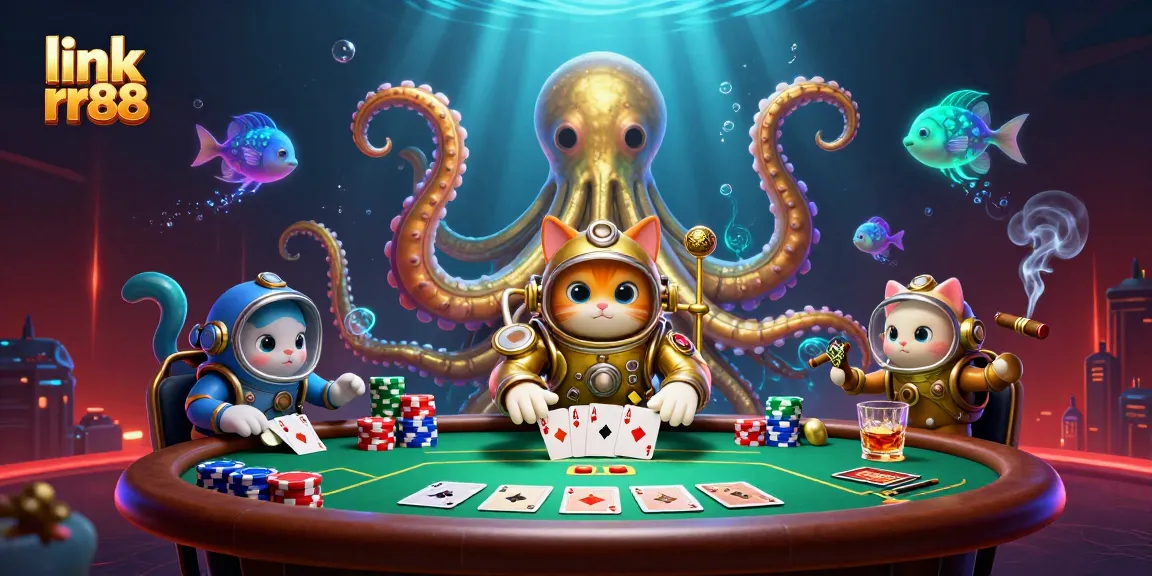Experience excitement at link rr88 with a cartoon kraken, diving cat, and poker elements in a vibrant ocean scene.