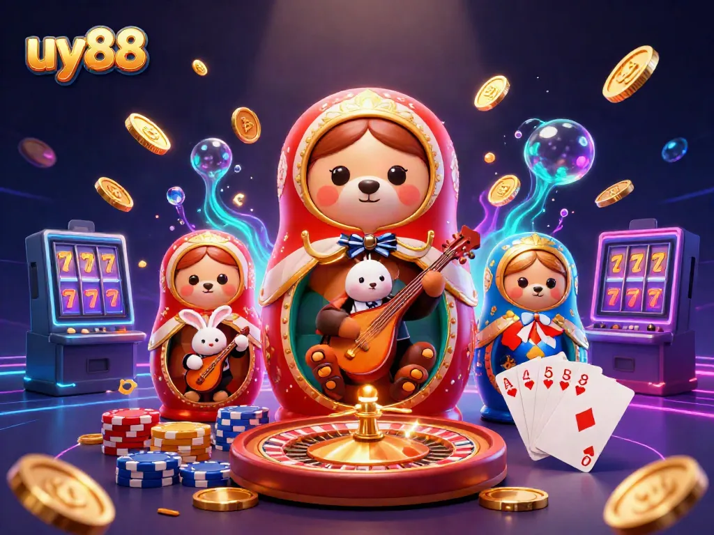 Experience the thrill of uy88 with vibrant 3D casino elements and engaging characters in a stunning digital illustration.