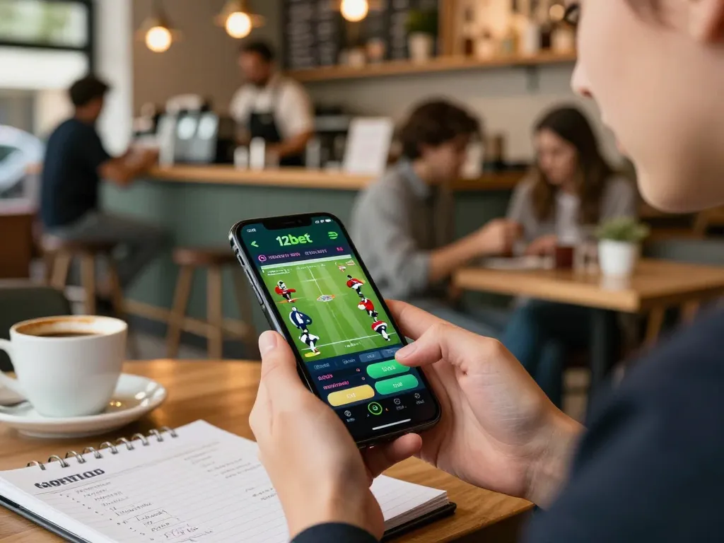 Engaging with the 12bet app on a smartphone while enjoying coffee in a vibrant café atmosphere
