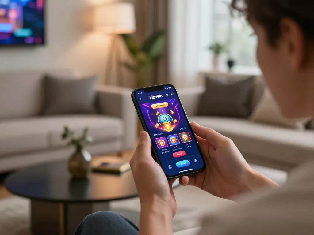 Engaging in mobile gaming on the vipwin app in a stylish home environment.