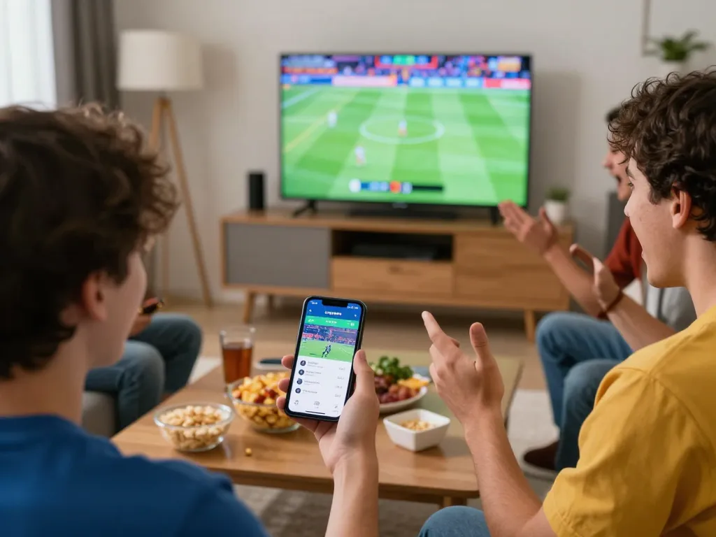 Friends placing sports bets on Nowgoal app during an exciting live game night