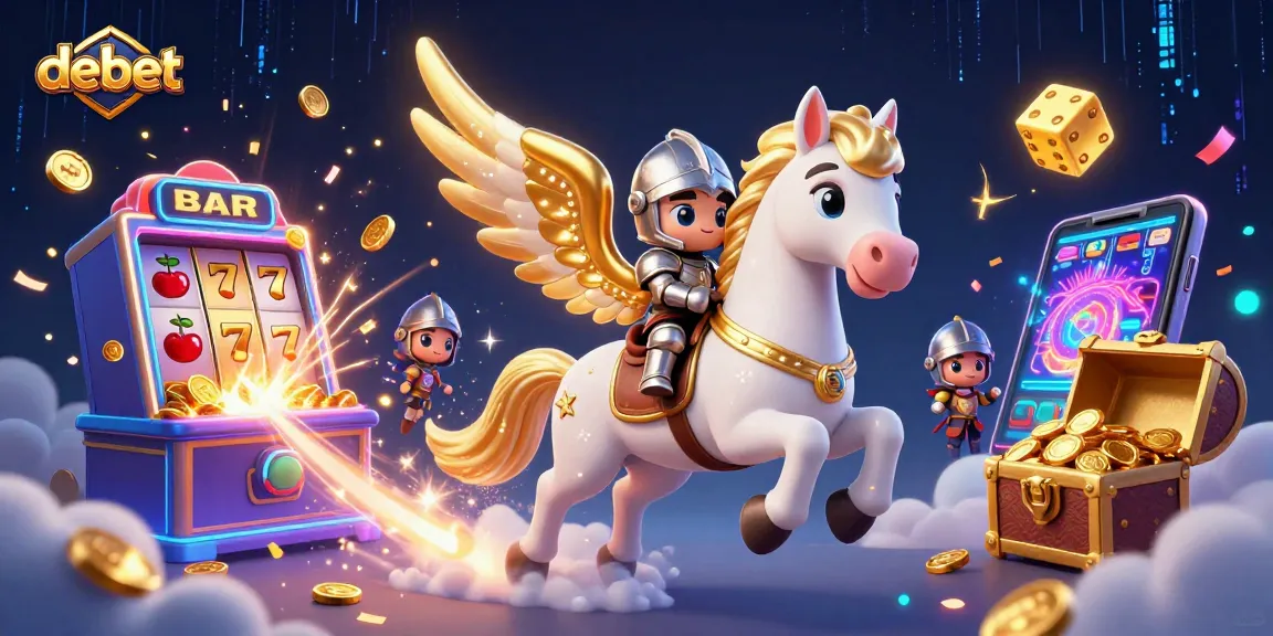 Experience the thrill of debet with an armored knight and celestial horse amidst vibrant casino elements.