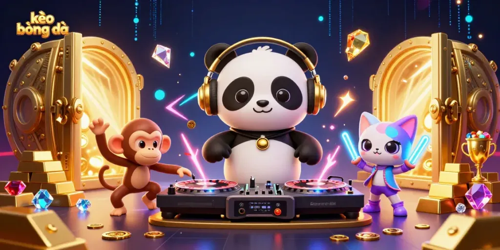 Experience kèo bóng đá excitement with a DJ panda and breakdancing monkey in a vibrant casino scene.