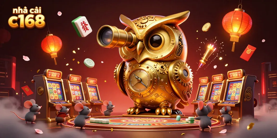 Experience the excitement at nhà cái c168 with our animated casino scene featuring a golden owl and lively slot machines.