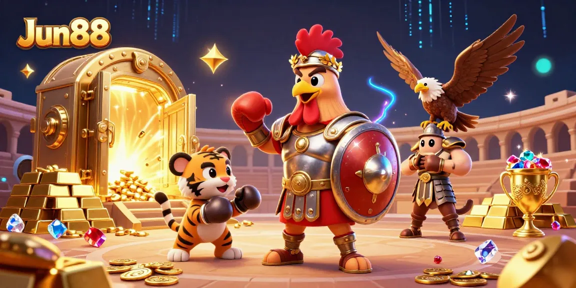 Engage with exciting gameplay at Jun88 featuring a rooster gladiator in a vibrant, luxurious arena.