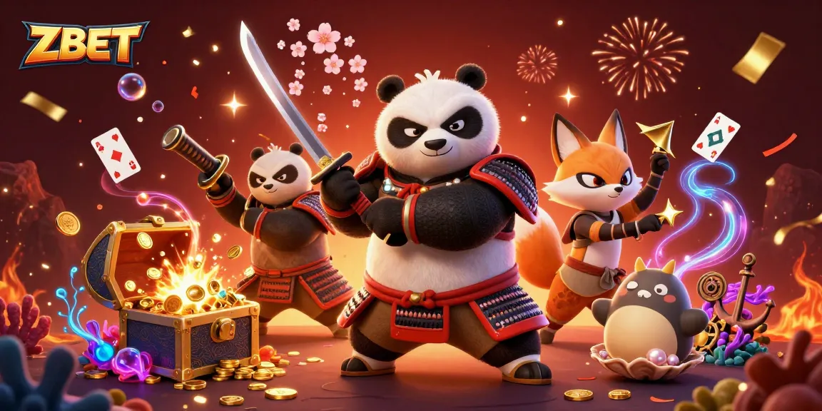 ZBET promotes thrilling wins with a fierce samurai panda and magical companions in a vibrant casino scene