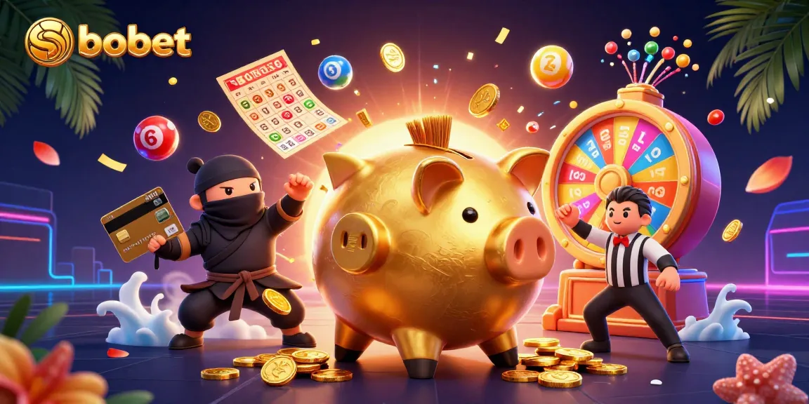 SBOBET creates excitement with a golden sumo wrestler, ninja, and referee amidst a vibrant casino scene.