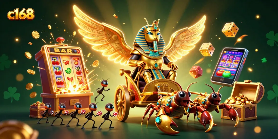 Experience thrilling games at c168 with colossal golden beetles and vibrant slot machines!