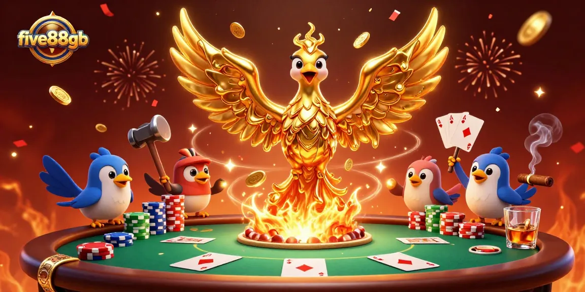 Engage with five88gb using vibrant 3D illustrations showcasing dynamic poker elements and a golden phoenix theme.