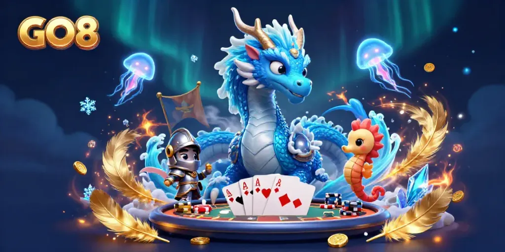 Engage with the mystical GO8 dragon and seahorse knight in a lively poker scene.