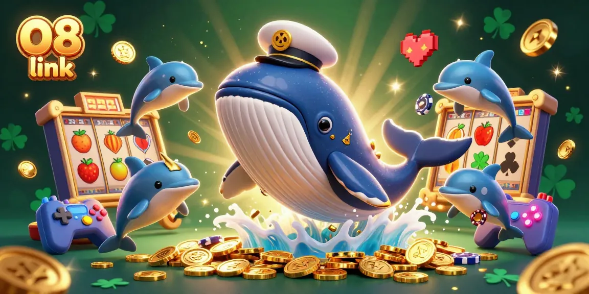 Experience the fun of betting with the O8 link, featuring a cartoon whale surrounded by jackpot symbols.