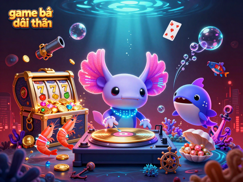 Experience the excitement of game bài đổi thưởng as an axolotl DJ spins vibrant slots amidst underwater treasures.