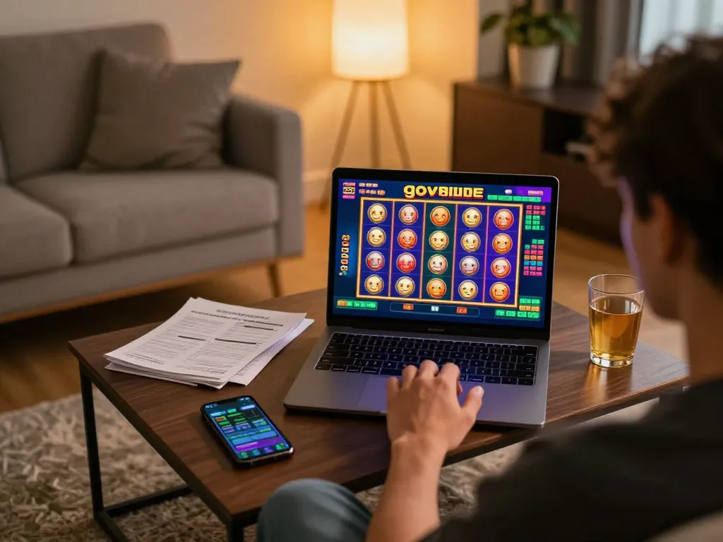 Online gaming scene featuring a player engaging with go88vv through a laptop, showcasing a colorful slot interface in a cozy atmosphere.