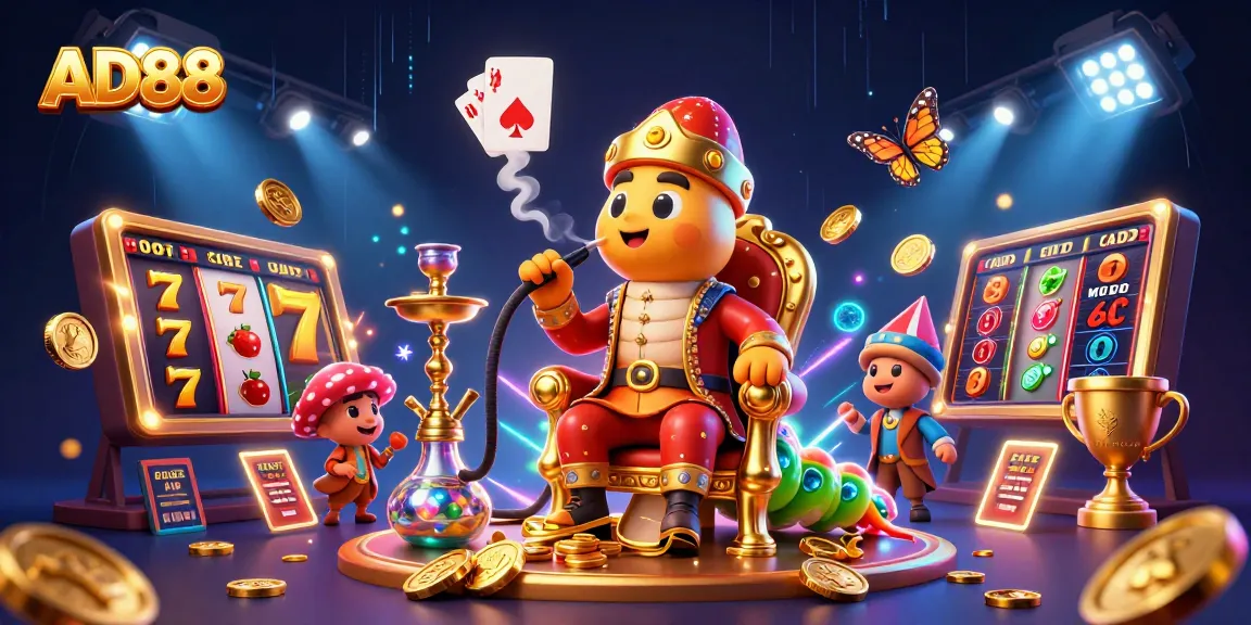 Engage with the vibrant casino atmosphere of AD88 showcasing a whimsical hookah-master surrounded by enchanting gaming elements.