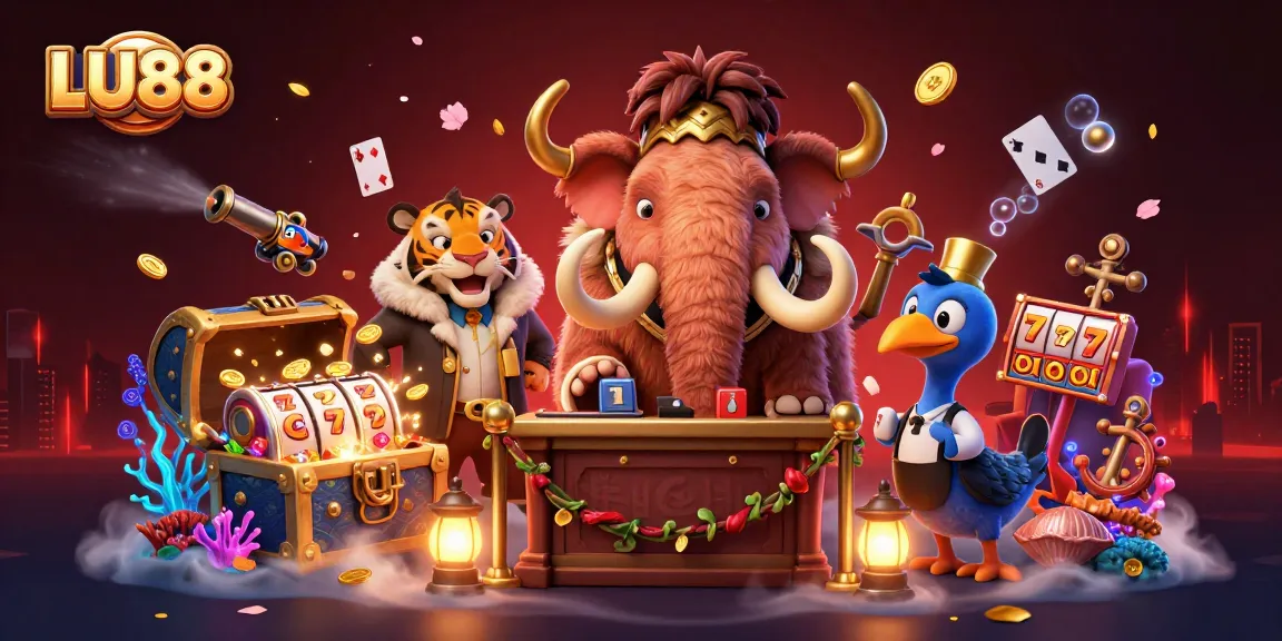 LU88 casino illustration depicting a woolly mammoth bouncer checking IDs, surrounded by dynamic gaming elements.