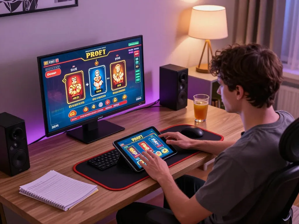 Engaged okwin player exploring online casino games on a tablet in a cozy home set-up