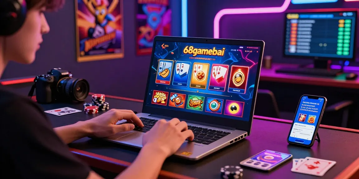 Engaging gamer using 68gamebai platform on laptop, showcasing vibrant online casino atmosphere.