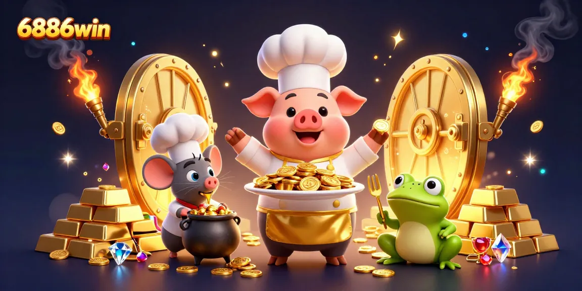 Engaging 6886win casino scene with whimsical characters representing gold treasure and excitement.