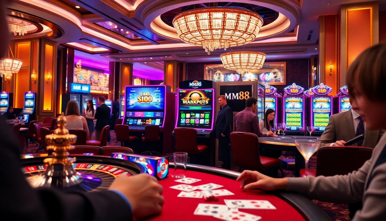 Players enjoying their game at MM88 casino with vibrant lights and exciting slot machines.