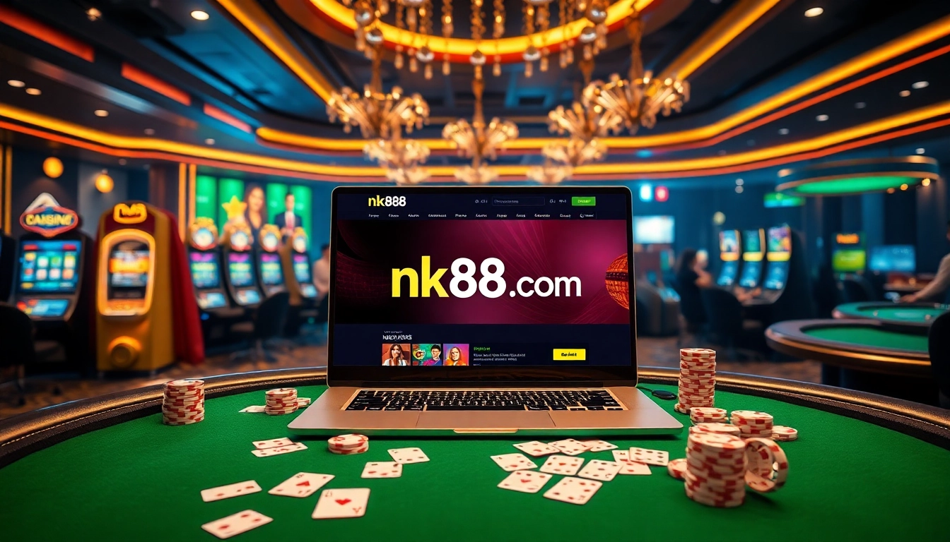 Players engaging with the nk88.com interface amidst a glamorous casino setting.