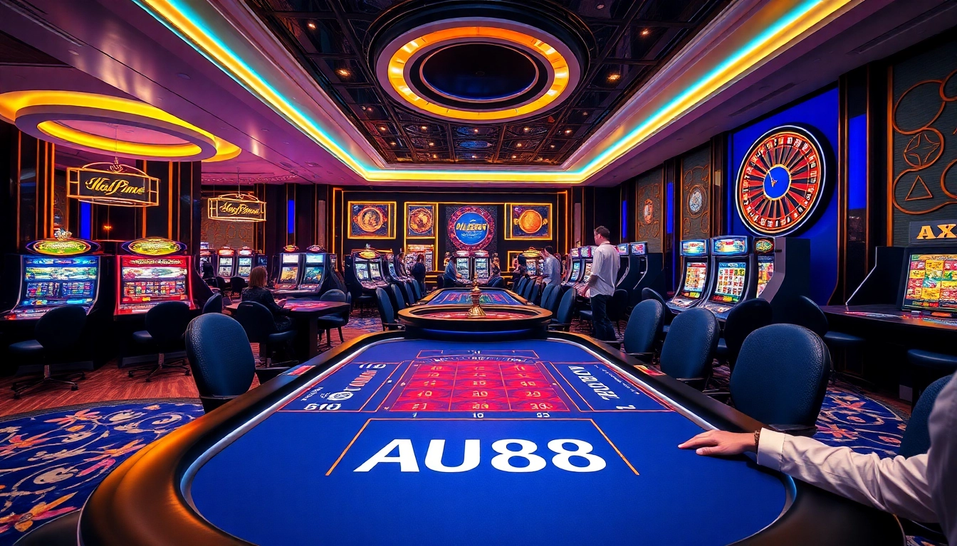 Experience the thrill at the AU88 casino gaming table surrounded by vibrant slots and roulette.