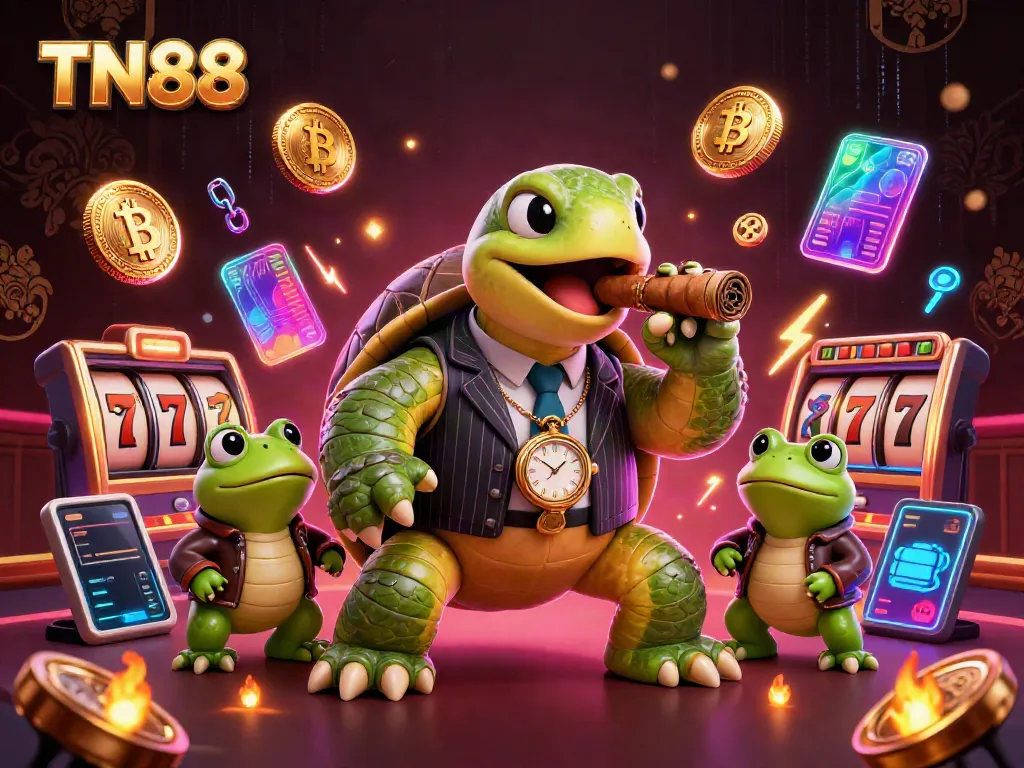 Experience the thrill of TN88 with a vibrant casino scene featuring a snapping turtle in a mobster suit.