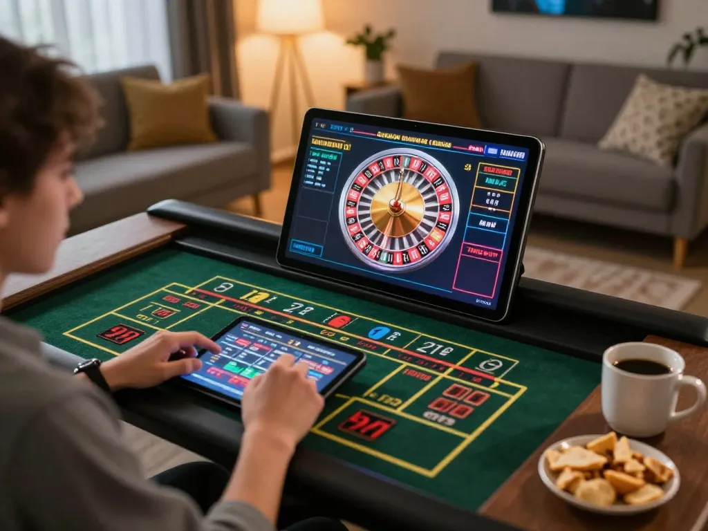 Player enjoying live online gaming on cm88sm com with roulette and snacks.