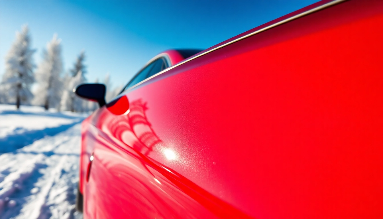 PPF winter road salt protection on a car in a snowy landscape emphasizing surface shine and durability.