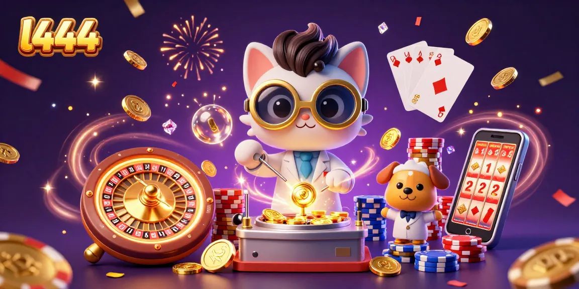 Experience the vibrant action of l444, featuring a mad scientist cat and dog amid cascading gold coins and casino excitement.