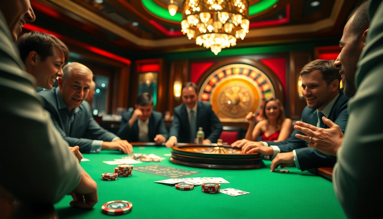 Experience immersive excitement at 68VIP with players enjoying a high-stakes poker game amidst luxurious casino decor.