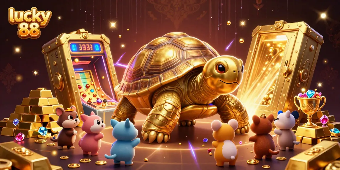Spin and win on lucky 88 with golden tortoise themed slot game elements and treasures.
