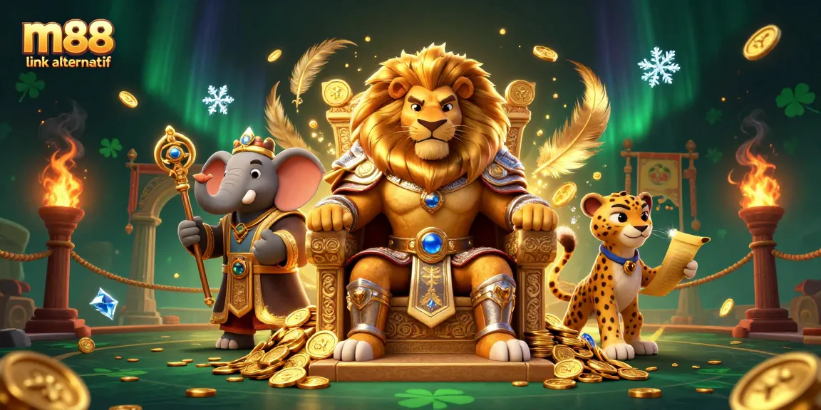 Experience thrilling action with m88 link alternatif featuring a regal lion king on a gold throne amidst a vibrant gambling arena.