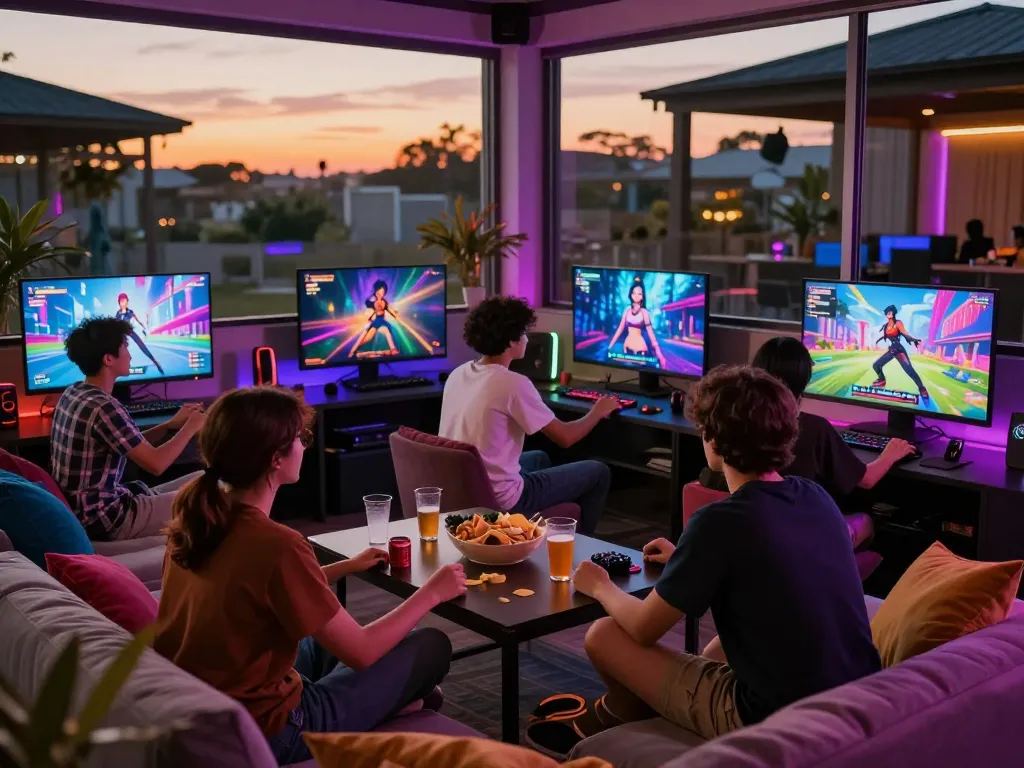 Group playing a hentai game in a vibrant gaming lounge with snacks and animated characters on screen.