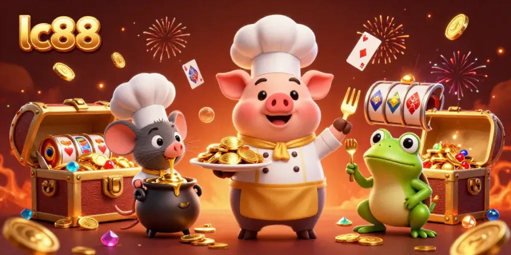 Experience the excitement of lc88 with a chef pig serving gold coins in a vibrant casino-themed scene.
