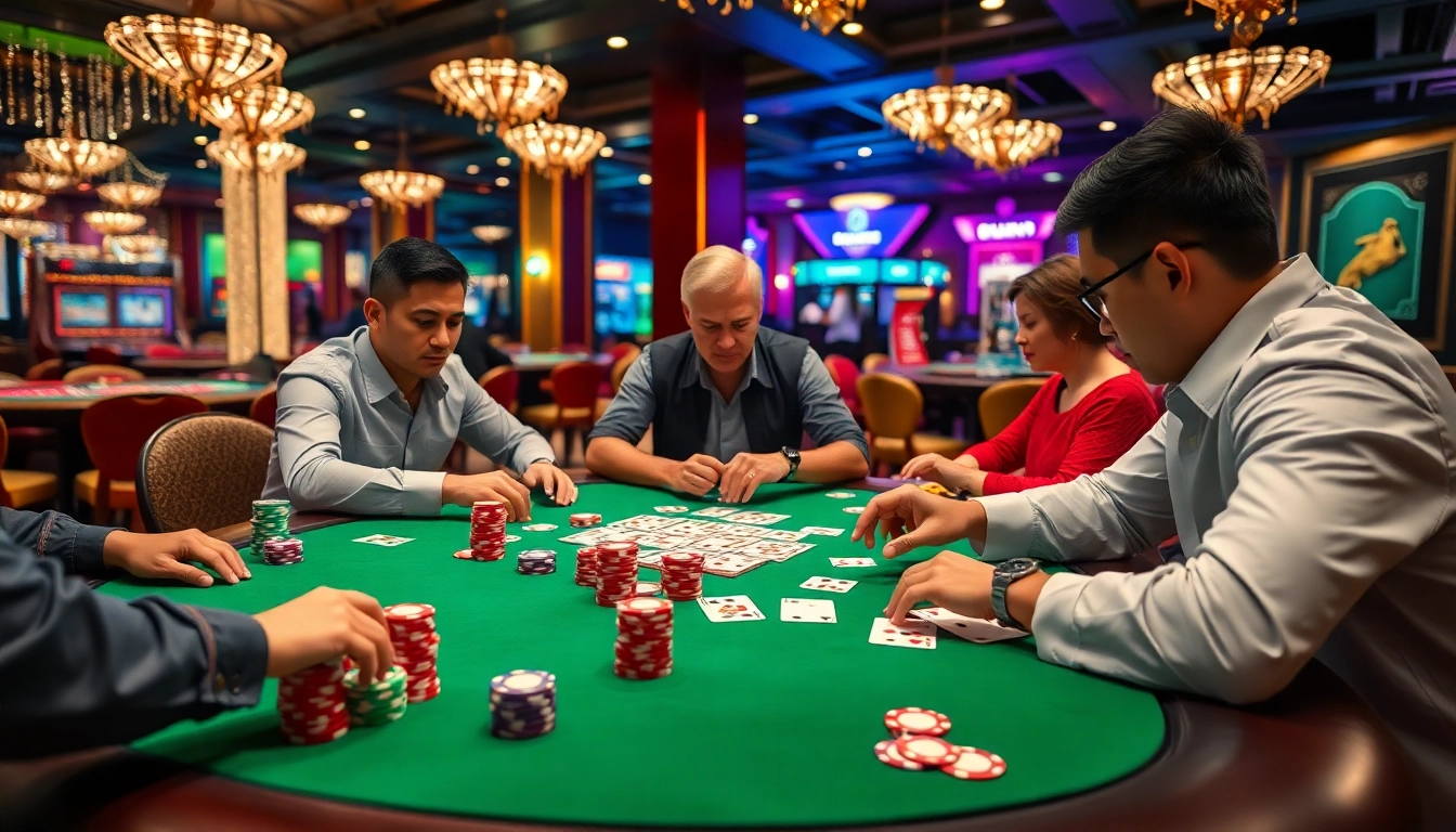 Engaged players competing in Game Bài Sâm Lốc at a bright casino table.