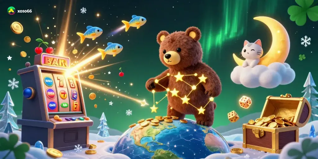 Experience the magic of xoso66 with vibrant, energetic characters scooping up casino winnings in a rich 3D illustration.