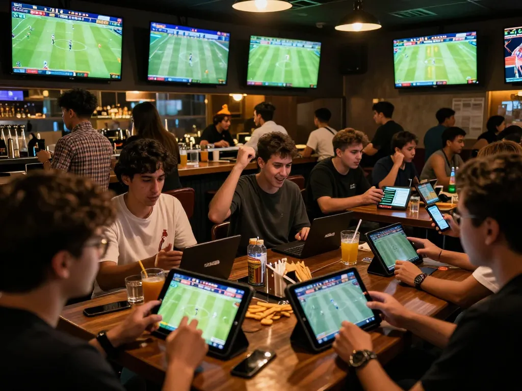 Bóng đá Bet168 betting excitement in a vibrant sports bar with fans cheering and analyzing stats