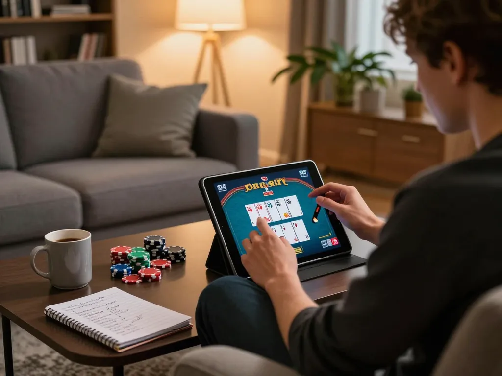 Experience immersive online poker action with rik vip on a cozy sofa, showcasing strategy notes and colorful chips.