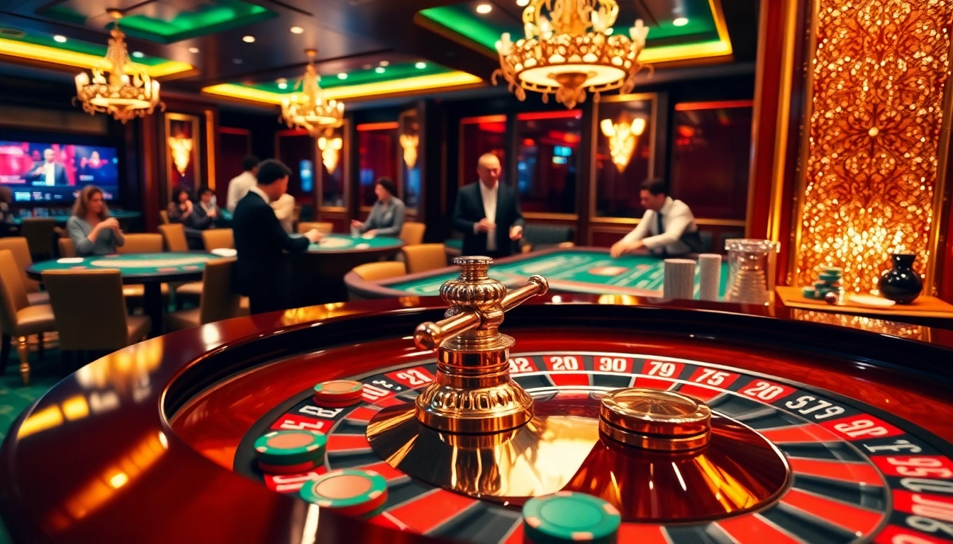 Experience the excitement of gambling at https://f1686s.com/ with a thrilling casino scene featuring roulette and blackjack.