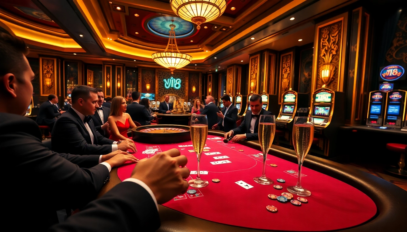 Excited players at VIN 88 engage in a thrilling poker game amidst luxurious casino decor.