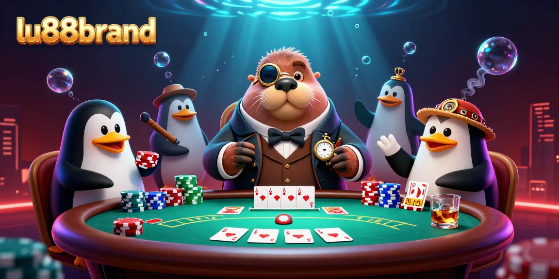 lu88brand showcases a high-stakes poker game with colorful chips and vibrant aquatic elements.