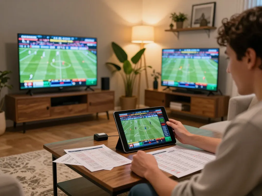 Nowgoal user actively placing sports bets in a lively home setting with multiple screens.