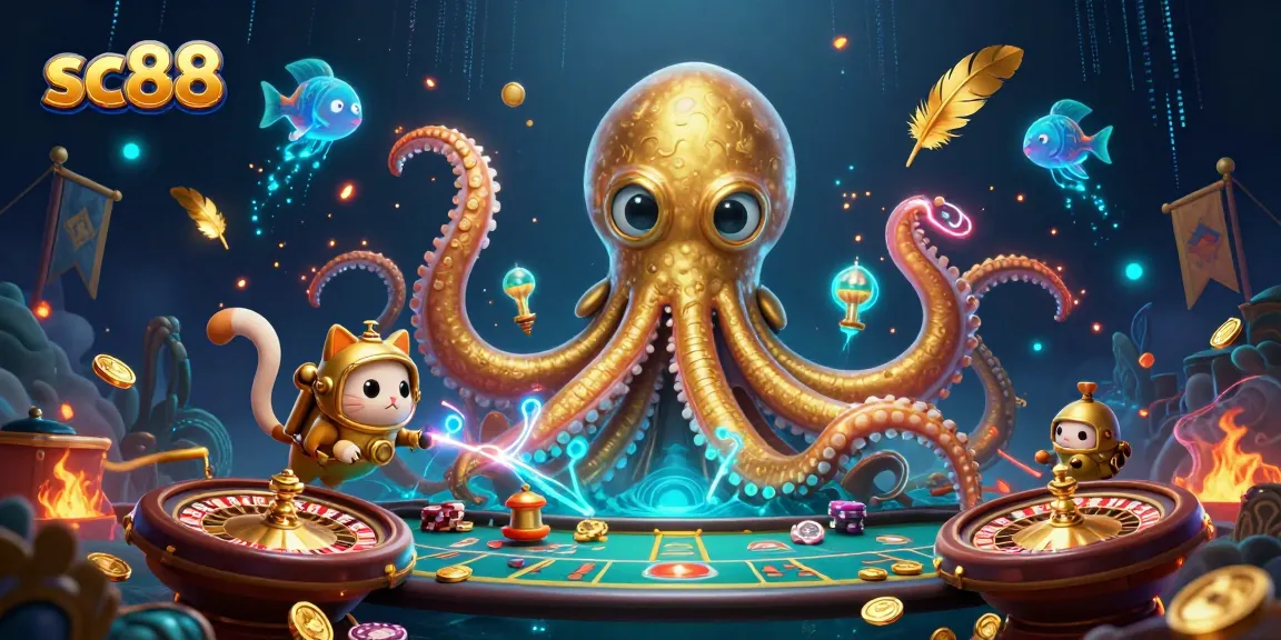 Engage with sc88’s thrilling gambling scene featuring a dynamic kraken and vintage diving cat alongside roulette and poker elements.