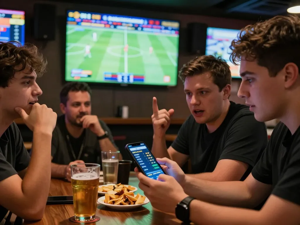 Friends sharing excitement over sports betting while monitoring kèo nhà cái 88 on their smartphones in a lively bar setting.