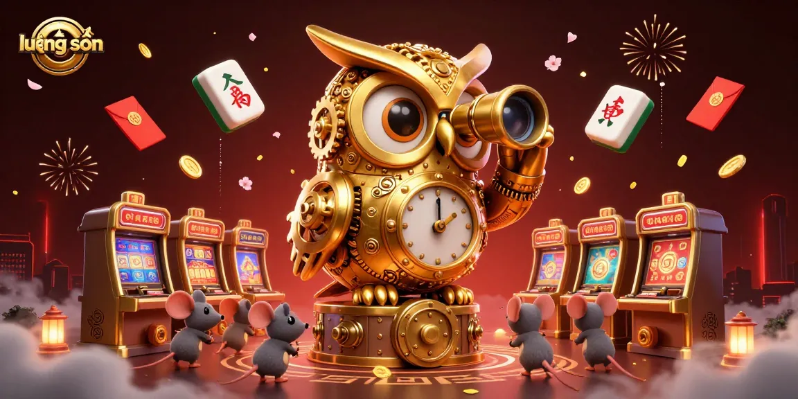 Lương sơn showcases thrilling gaming moments with a vibrant, detailed casino 3D illustration featuring an owl, slot machines, and fireworks.